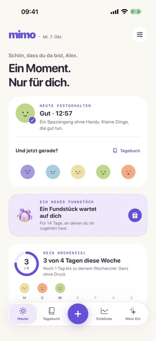Startbildschirm von mimo: der heutige Eintrag „Gut“, fünf Gesichter zur Auswahl und das Wochenziel 3 von 4 Tagen.