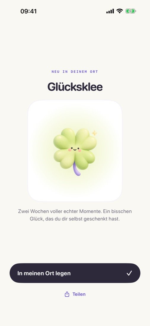 Das Fundstück Glücksklee nach zwei Wochen mit Check-in.