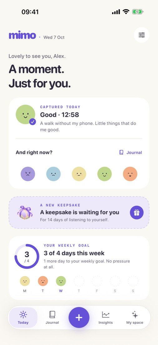 mimo home screen: today's entry, five faces to choose from and the weekly goal.